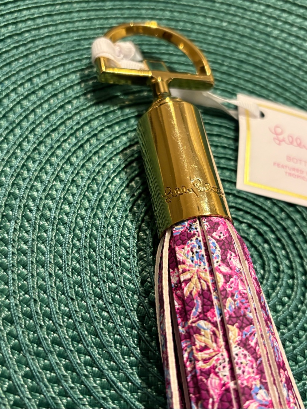 Lilly Pulitzer Pink Floral Tassel Bottle Opener with Gold Hardware